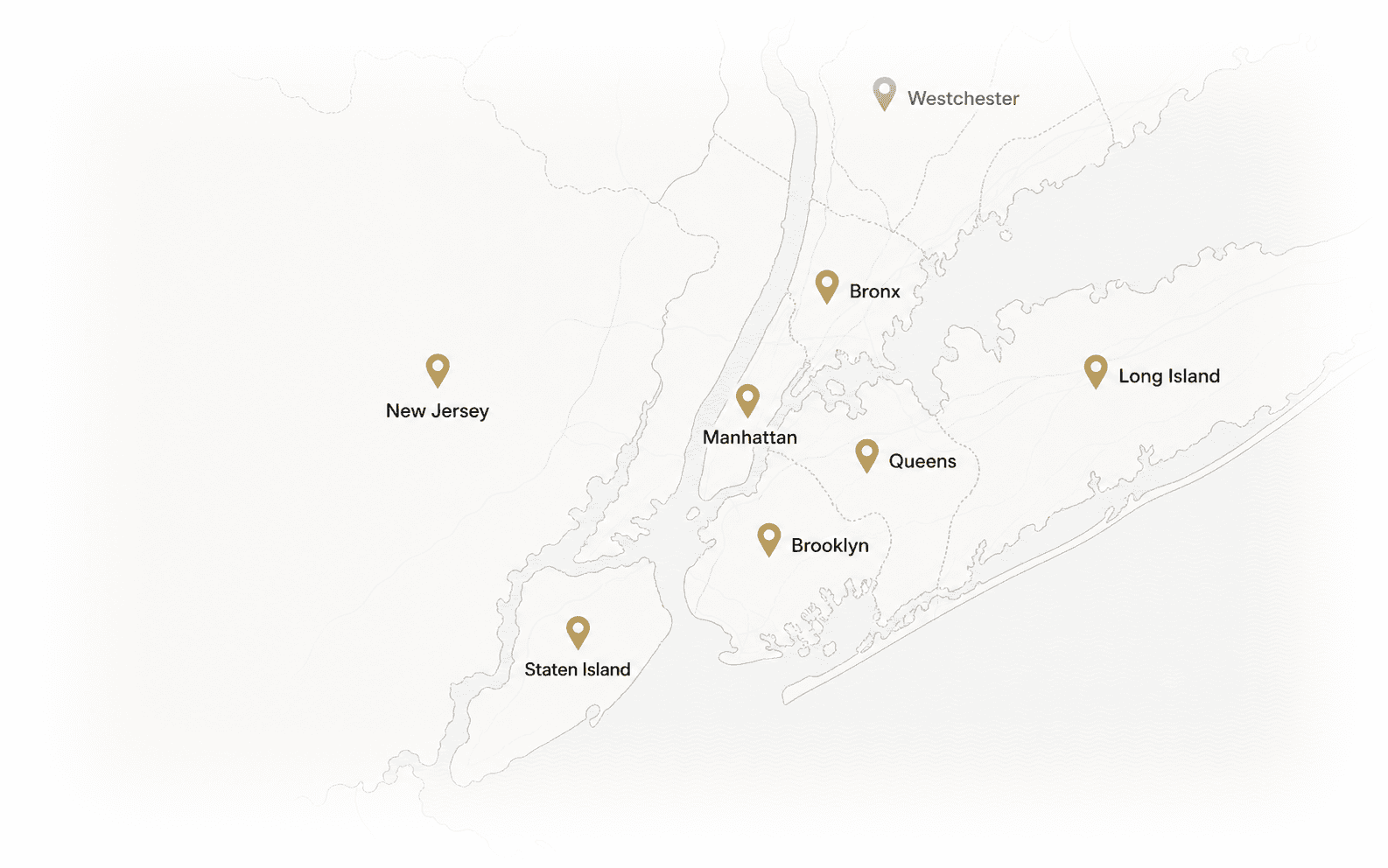 Schematic service area map covering New York City, New Jersey, Westchester, and Long Island
