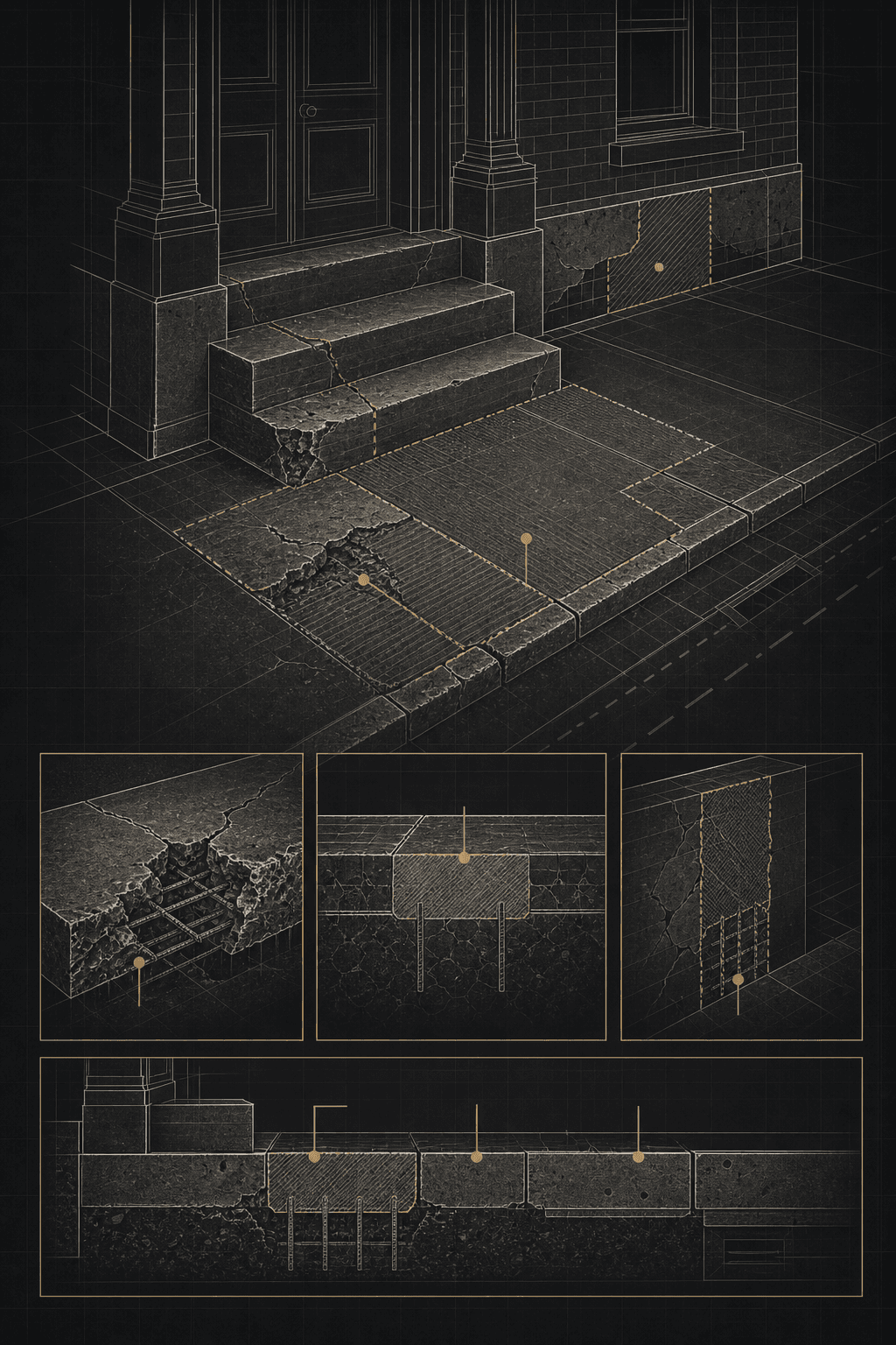 Technical lower facade concrete restoration graphic