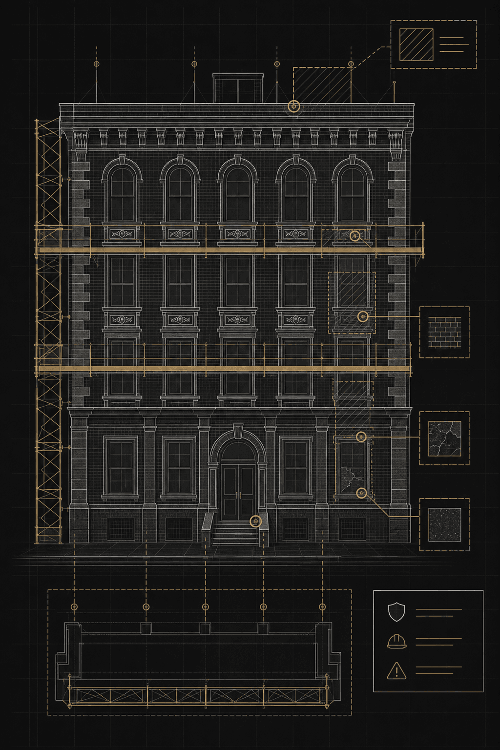 Technical scaffold access graphic supporting facade inspection and repair work